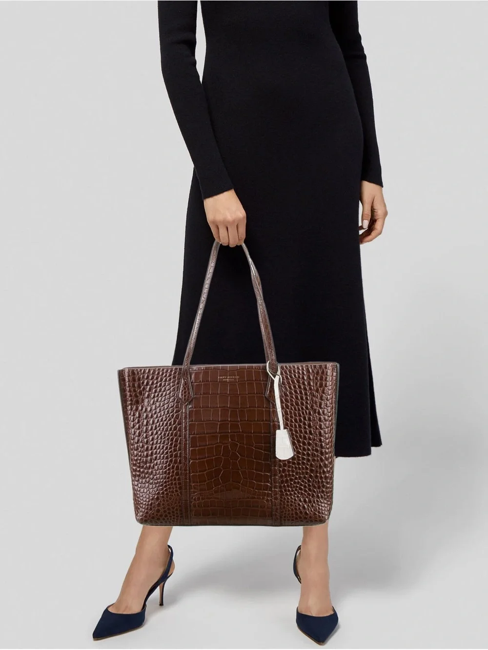 Tory Burch Perry Croc Embossed Three Compartment Tote Bag Leather Brown